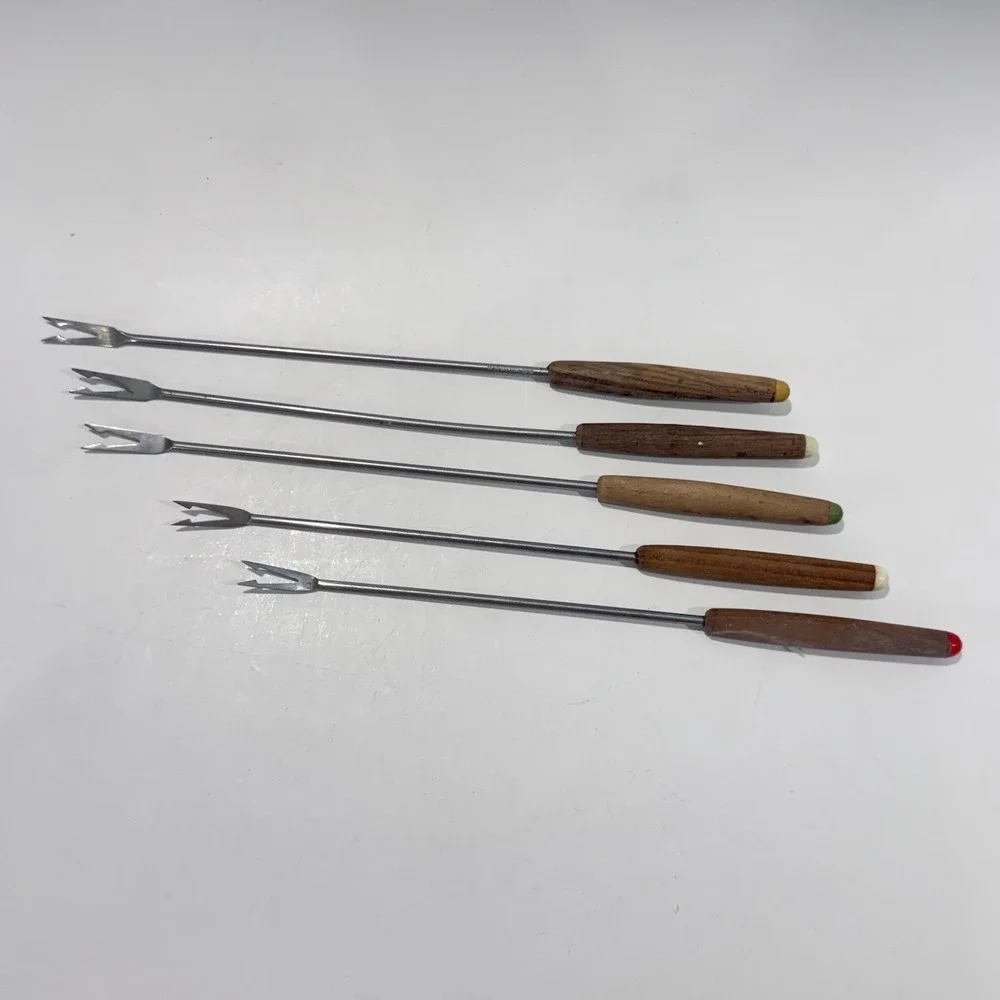 Vintage Fondue Fork Utensil‎ Set of 5 Stainless Steel w Wooden Handles Japan